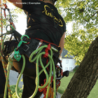 Buddy red plastic clip on black climbing harness with green rope and orange border