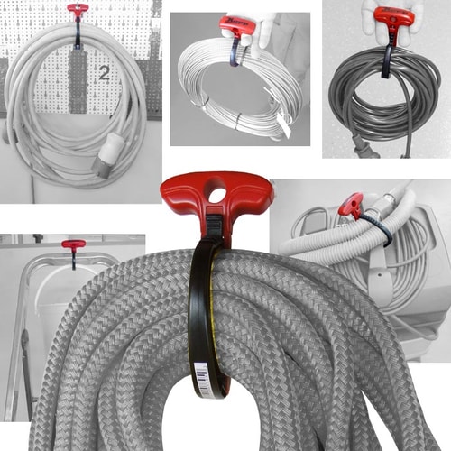 Various applications of the Cable Wraptor S, the red handle holds coiled cables and hoses of different sizes