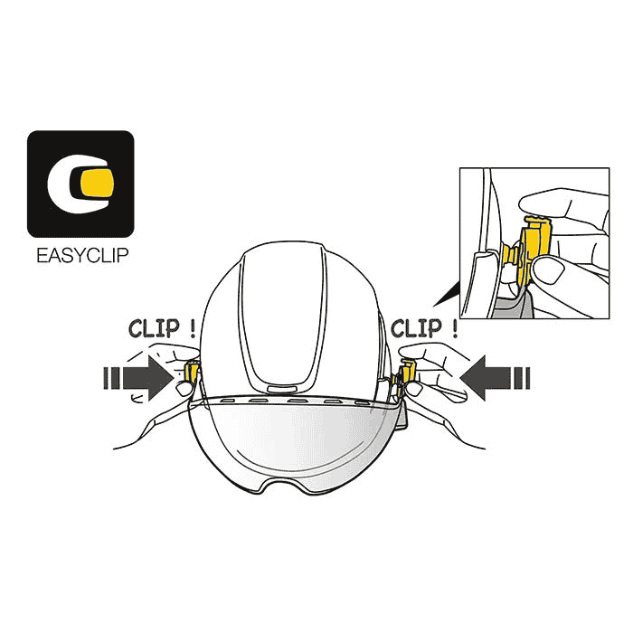 Drawing of the assembly of the Vizir Shadow by Petzl with two hands attaching yellow clips to a helmet