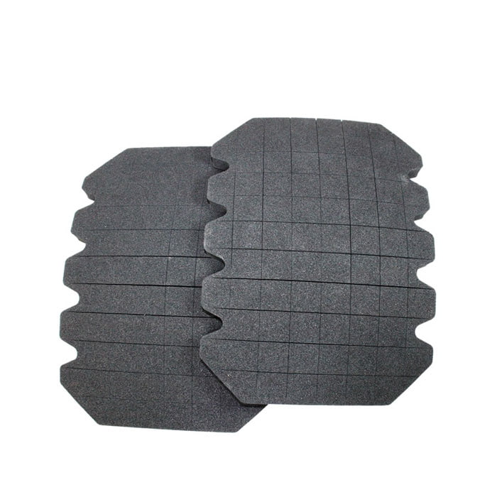 PFANNER® knee pads, two dark grey, rectangular foam pads with serrated sides and fine line patterns on the surface