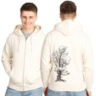 Stone Pine Tree Zipp Hoodie in cream white with hood, front zipper, pockets and large tree print on the back, worn by a man, visible front and back