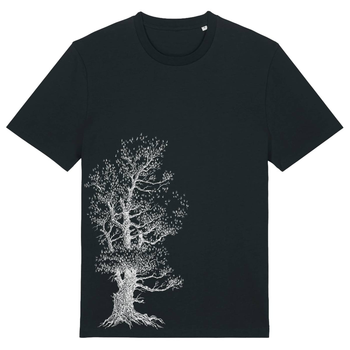 Stone Pine Tree T-shirt in black with white tree design on the front