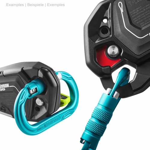 Close-up of the Edelrid Megawatt belay device with blue rope passed through an opening and visible metal part