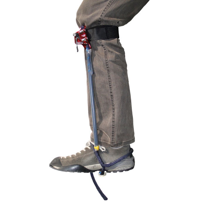 Systems 3A L, red and blue rope, attached to one leg with gray pants and shoe