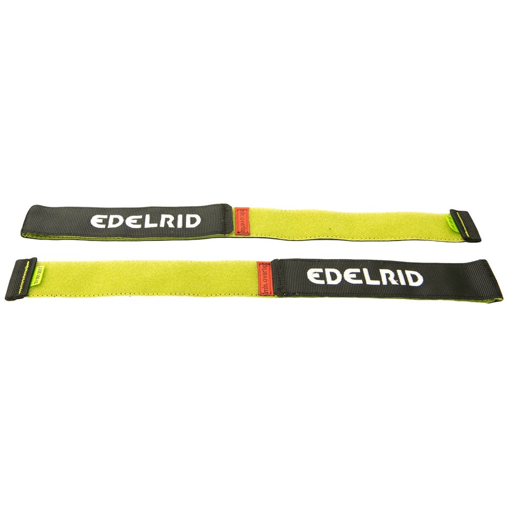Two flat, elongated bands in yellow and black with the white lettering "EDELRID" and small red and green markings, product name Talon Upper Binding