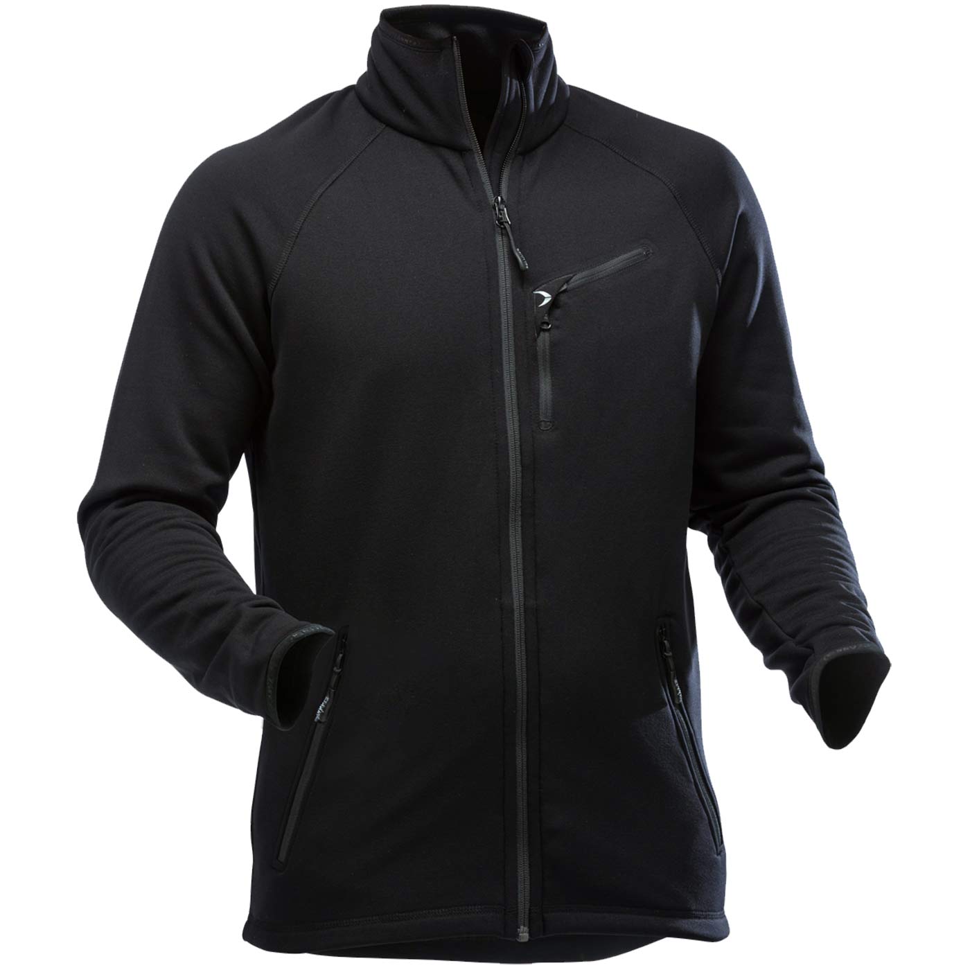 Polartec jacket in black with zipper and three pockets, center front and two sides
