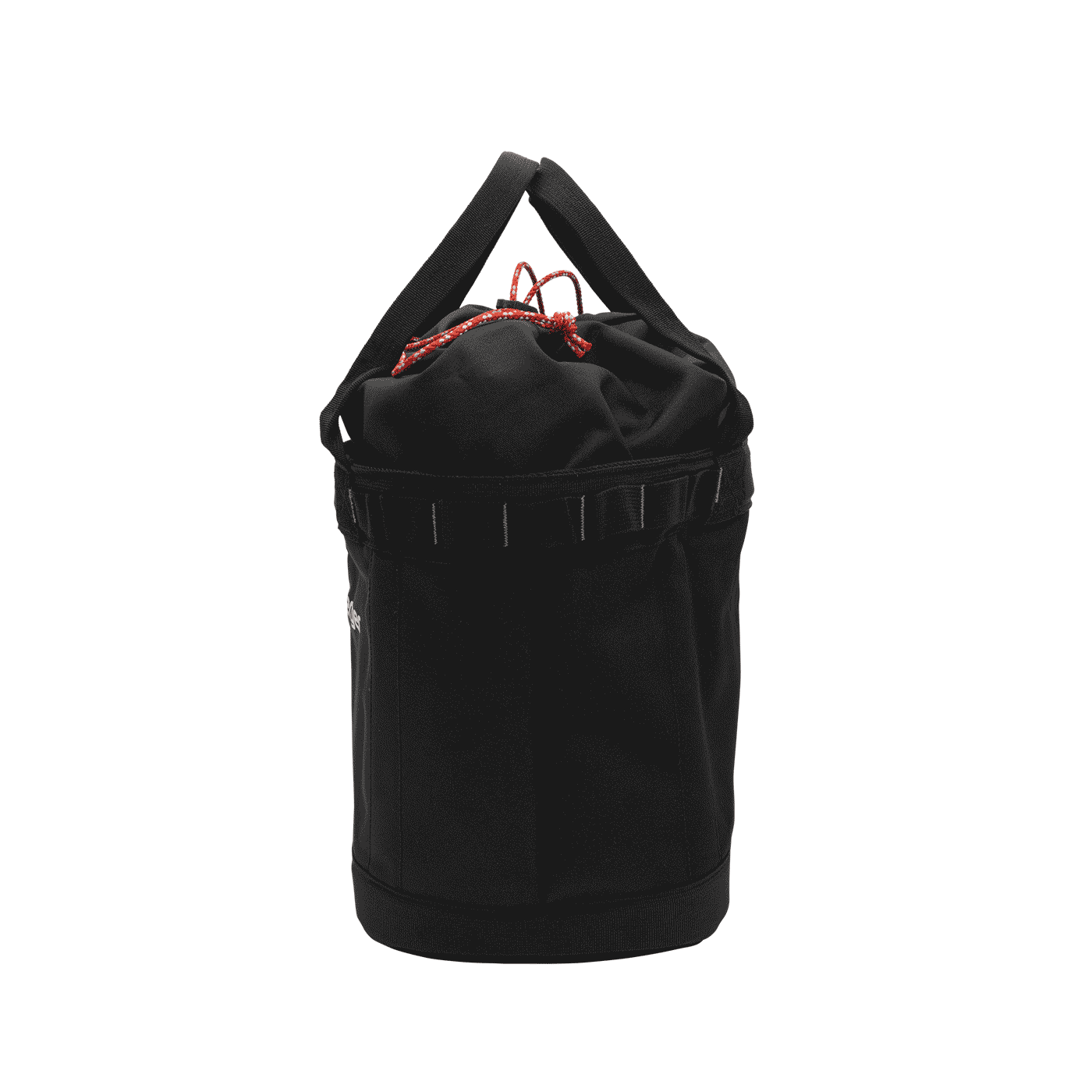 Bucket Mule by Teufelberger, black round bag with two black handles and red cord closure, side view without visible logo