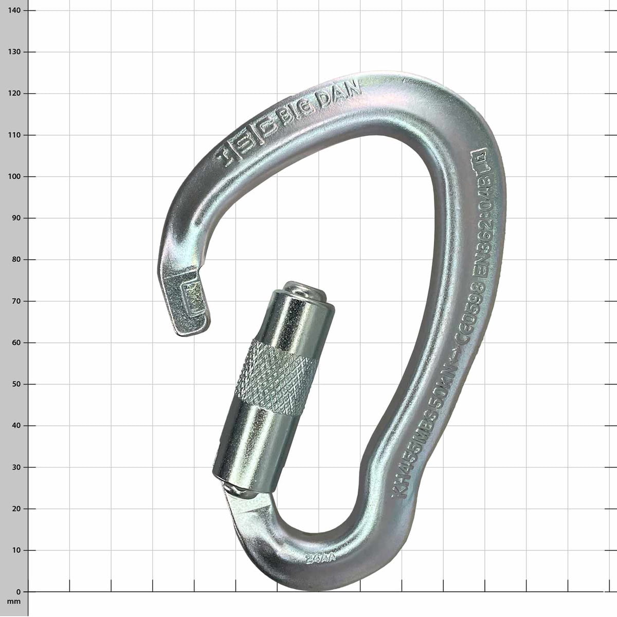 Big Dan Arborist Metal Snap Hook with Open Screw Cap, Silver Tone, Against Checkered Background