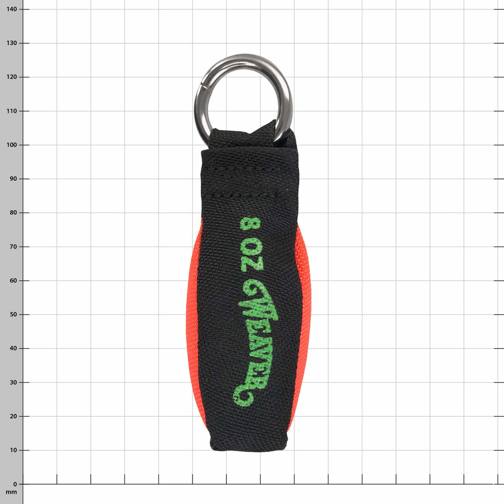 Bullet, weight 8 OZ, black and red with green text and metal ring on top
