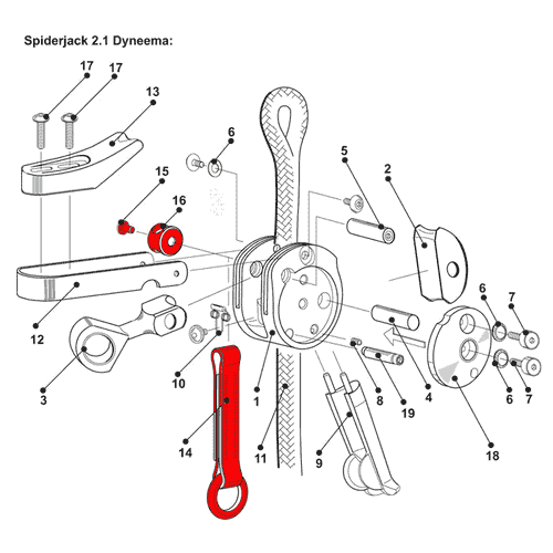 DyneemaKit technical drawing with numbered parts, red parts highlighted