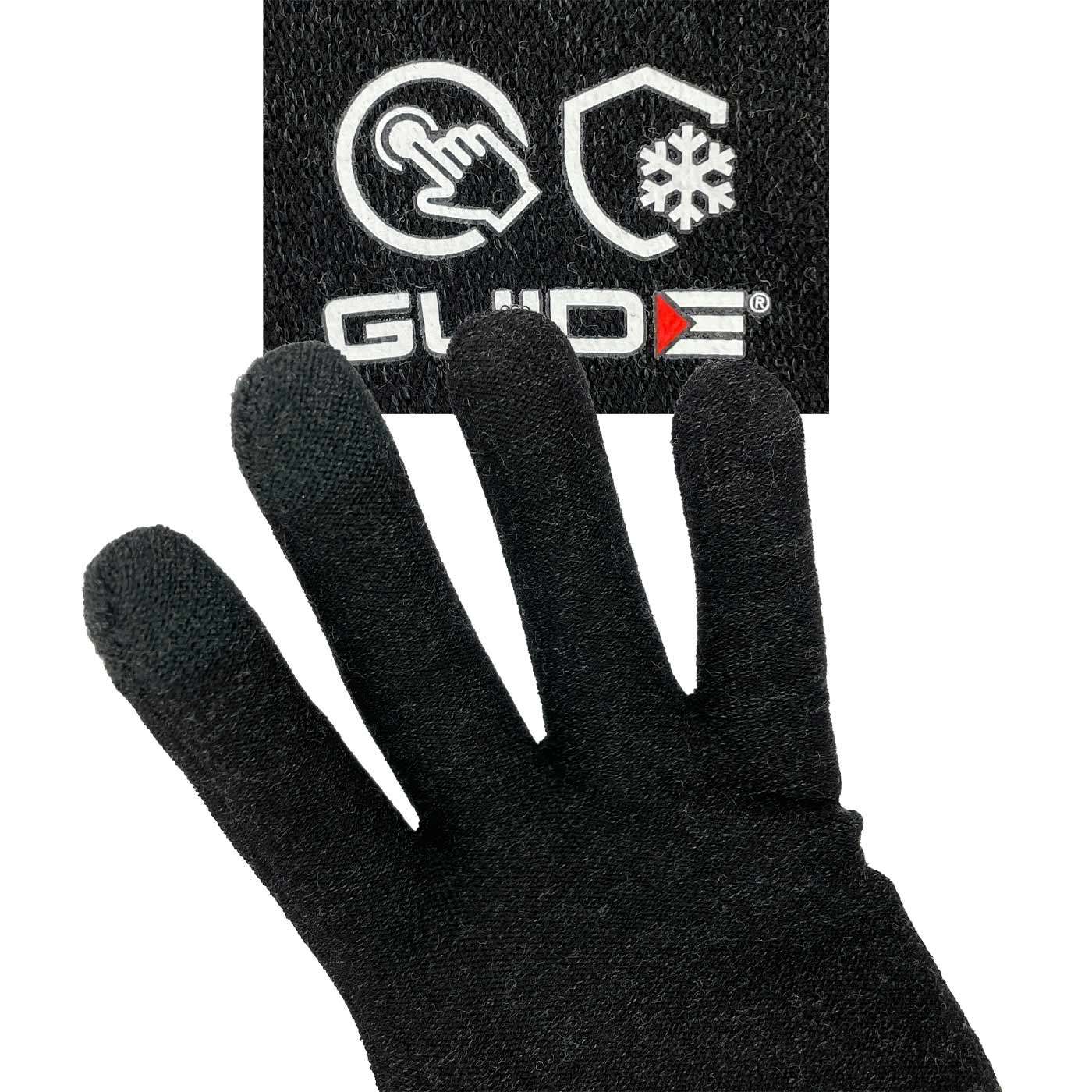 Guide 5501 black gloves with Guide logo and symbols, close-up of palm and fingers