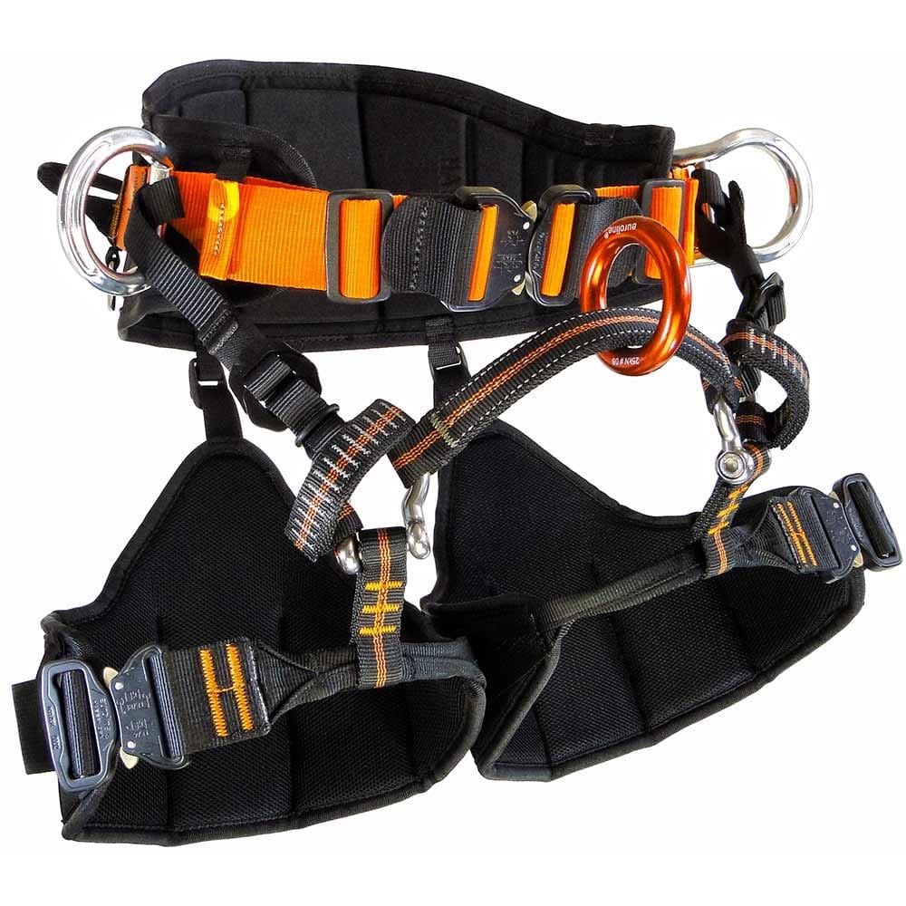 Climbing harness Tree Austria 3.2 with black and orange webbing, metal rings and padded leg and hip loops, manufacturer not visible