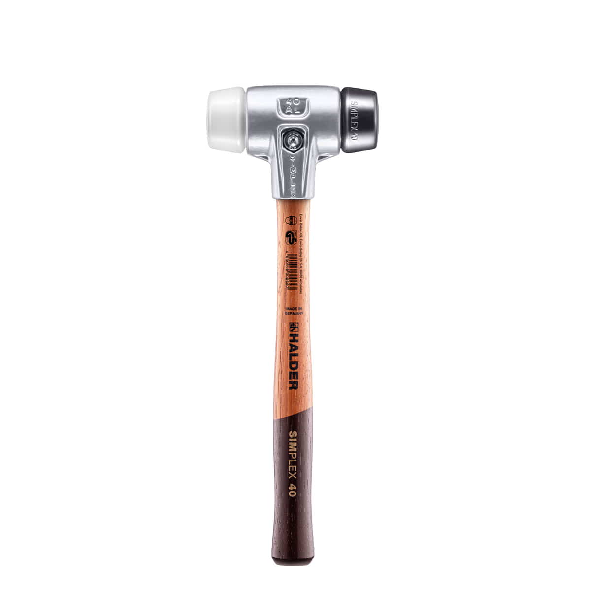 Simplex soft-face hammer 370 with wooden handle, silver hammer head and white and black striking surfaces