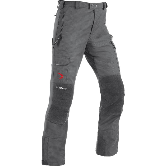 Gladiator Outdoor grey trousers with black knee and leg reinforcements, multiple pockets and red logo