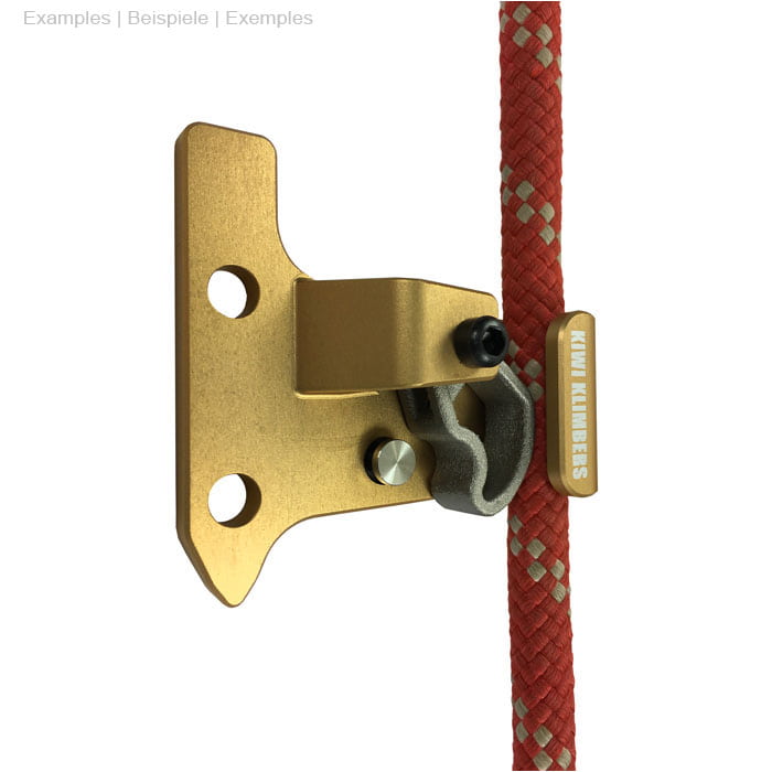 SpikeSender 2 L by Kiwi Klimbers, gold-coloured metal part with red rope and white lettering
