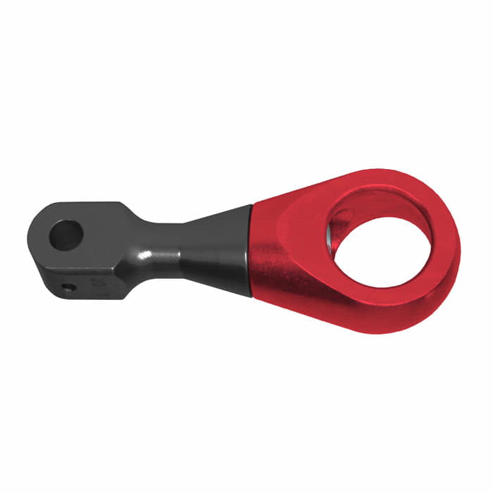LockJack swivel, red and black metal part with round hole and rectangular connector