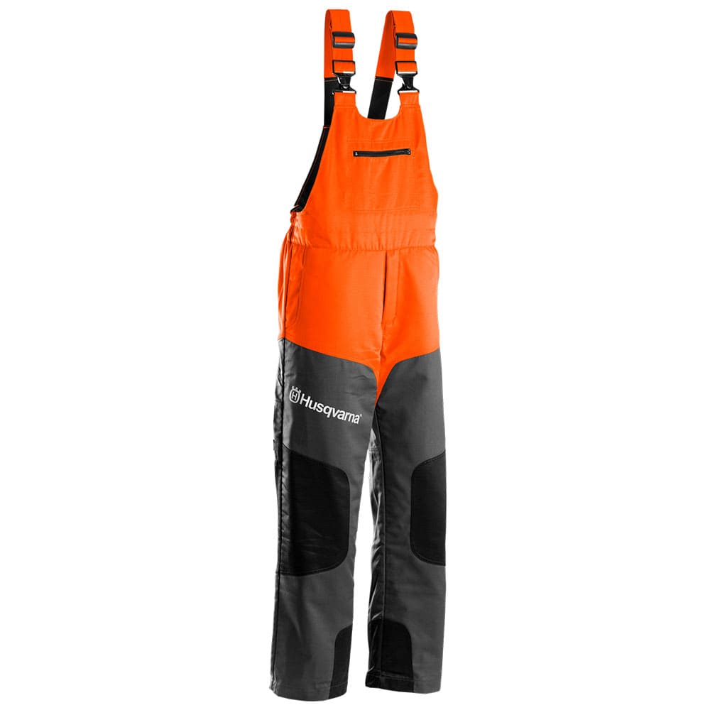 Classic dungarees in orange and grey with black knee pads and Husqvarna logo on the left leg