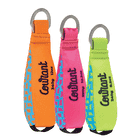 Three colourful fabric pendants with metal rings, each inscribed with "Coutant" and weight information, in the colours orange, pink and light green, product name Tuna