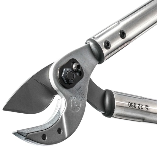 Close-up of the cutting head of the anvil 22.080 with engraved lettering and screws, silver handles visible