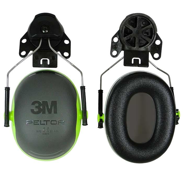 Ear protection X4 Plug by 3M Peltor in grey and green, with black temple and padding, front view with visible 3M logo and rear view with black inner padding