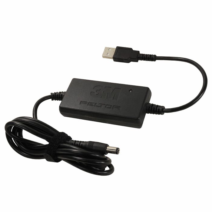 Lite Com FR09 USB charging cable from 3M Peltor, black USB charging cable with rectangular adapter and two cable ends, one with USB plug and one with round plug.