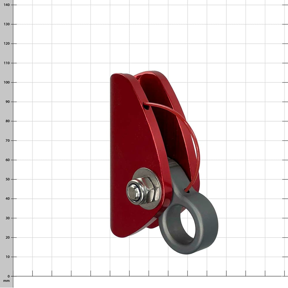 Mini Ropegrab, Red Rope Device with Gray Ring and Metal Clasp, Side Oblique View