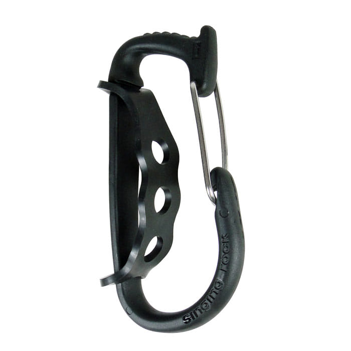 Porter snap hook by Singing Rock in black with straight wire closure and three holes in the handle