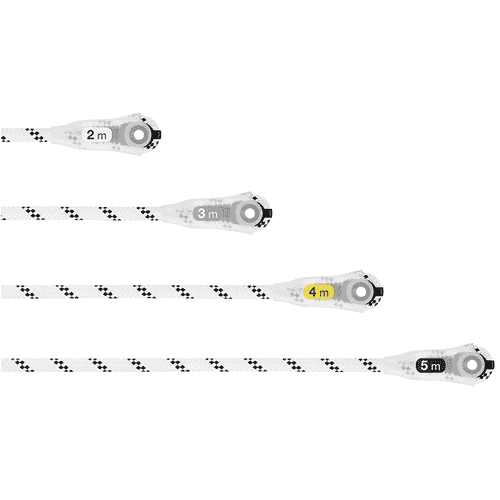 Grillon by Petzl, four white rope sections with lengths of 2 m, 3 m, 4 m and 5 m on plastic elements