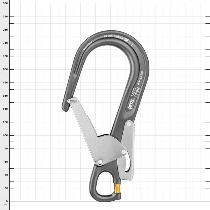 MGO Open 60 Snap Hook by Petzl in black with silver safety clasp and yellow twist lock at the bottom, against a white background