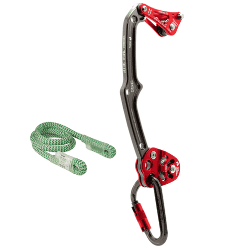 Rope Wrench Squirrel PPE Regulations System Kit with red and black metal device, green and white rope and black carabiner from ISIC, next to it green rope with white ends