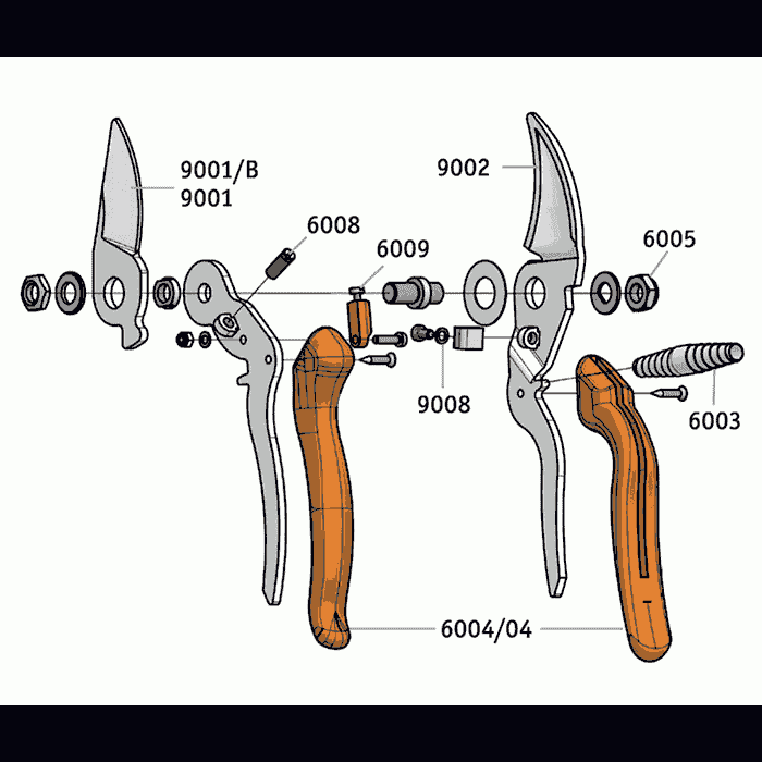 Exploded view of the Bypass 9.104 secateurs with numbered parts and orange handles, manufacturer Original Lion