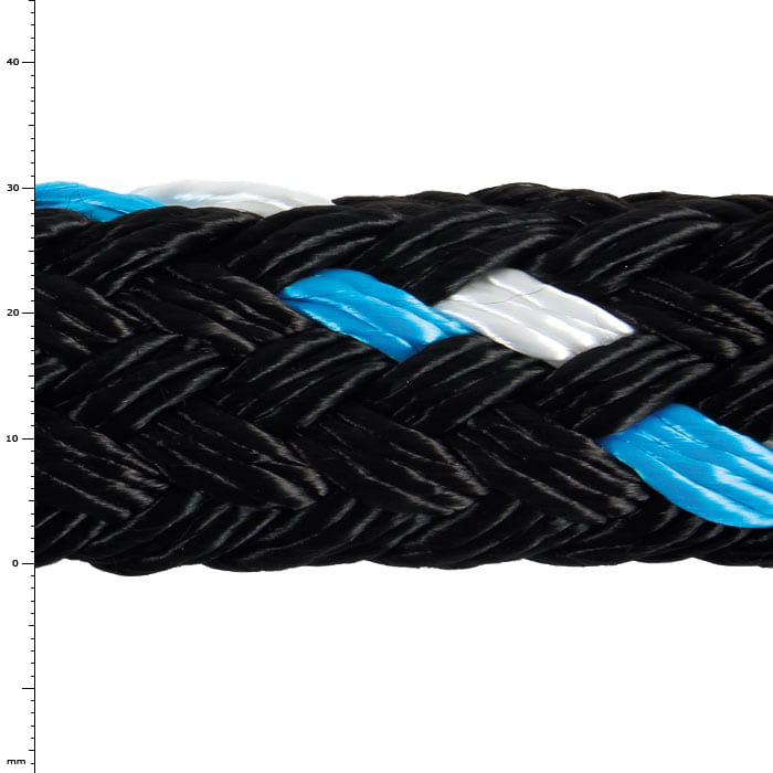 GEFA 10T PA Blue, Close-up of a Braided Black Rope with Blue and White Threads