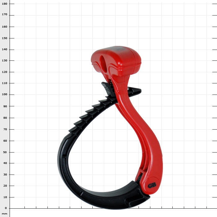 Cable Wraptor L, red and black plastic holder with ergonomic T-handle and snap-in lugs