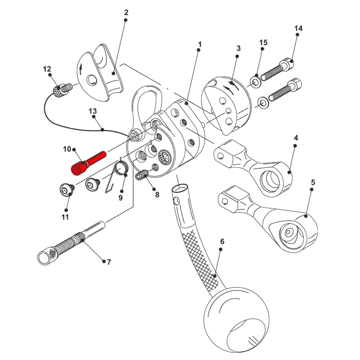 Technical drawing with various components, red marking on the LockJack bearing screw for carabiner mount