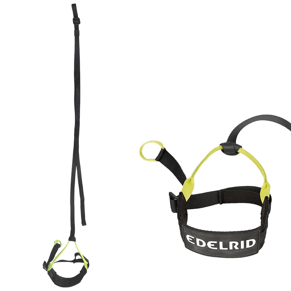 Prostep II by Edelrid, a black and yellow via ferrata set with harness and loops, shown hanging