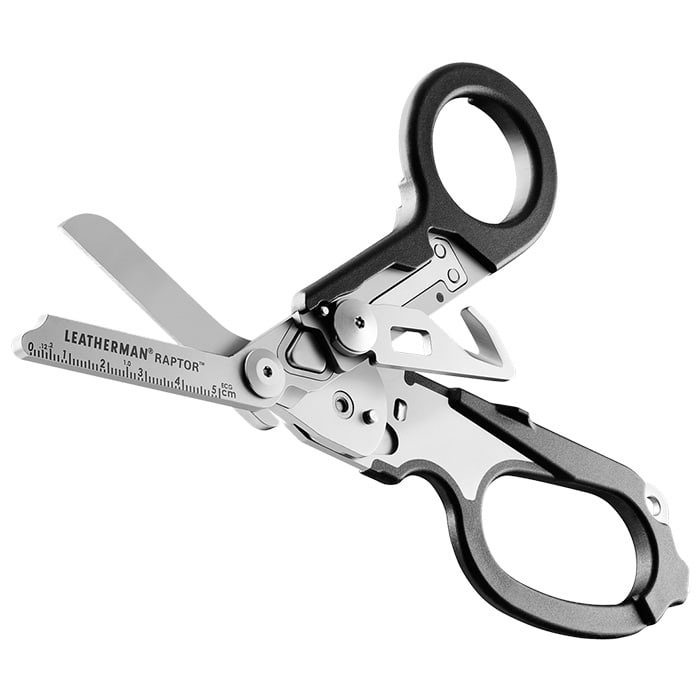 Leatherman Raptor multifunctional rescue scissors with black handles and fold-out tools made of metal and plastic