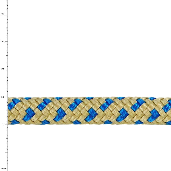 Bee-Line Sling 10, Close-up of Beige and Blue Braided Rope with Pattern and Measurement Scale in Background