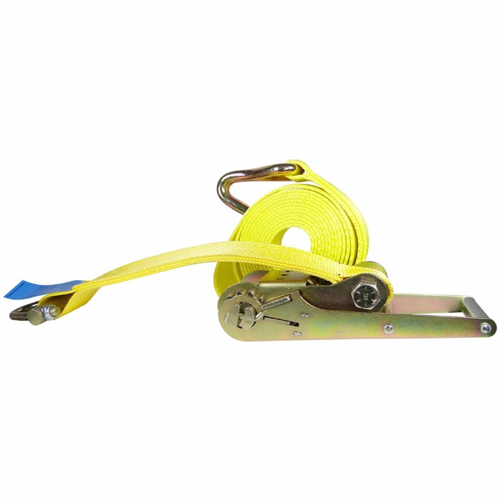 Lashing strap Duo Maxi with yellow webbing and metal ratchet, side view, manufacturer not visible