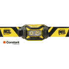 Petzl Pixa R headlamp with yellow and black headband, frontal with two luminous lenses and Petzl logo on the strap