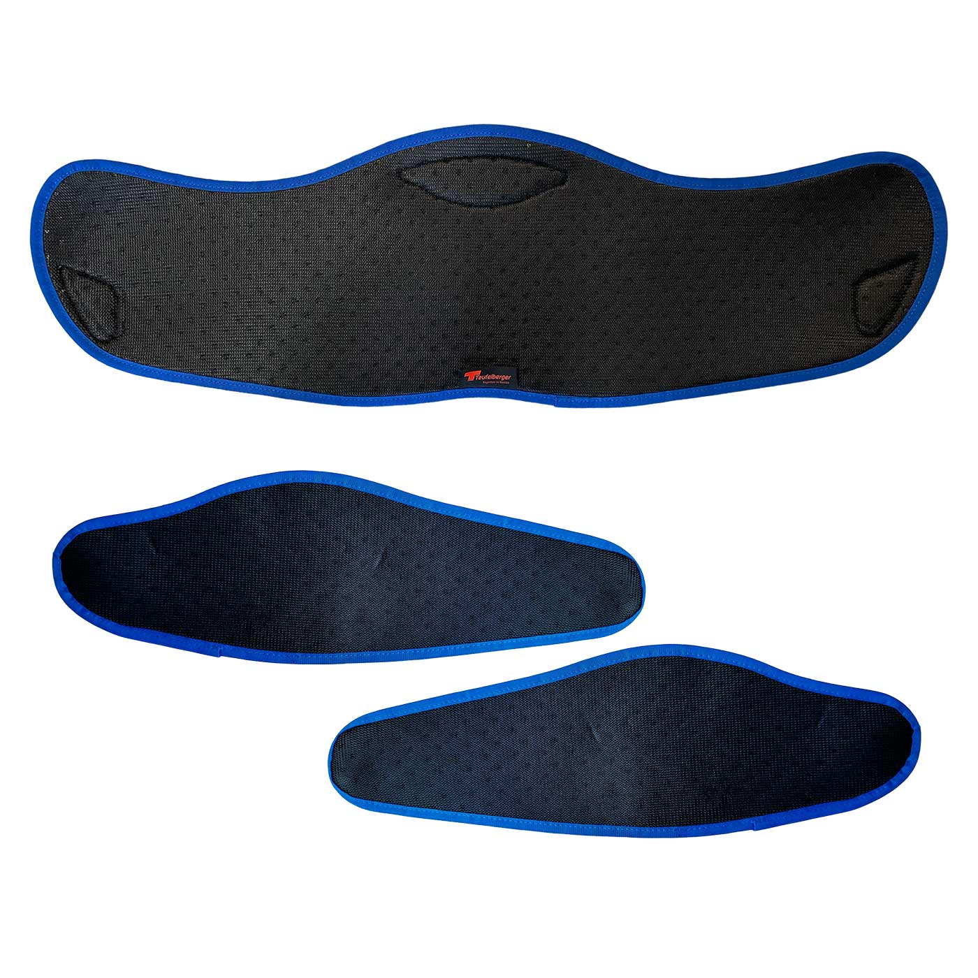 treeMOTION Breatheable Pad Set by Treeleberger, three black pads with blue border, one large and two smaller