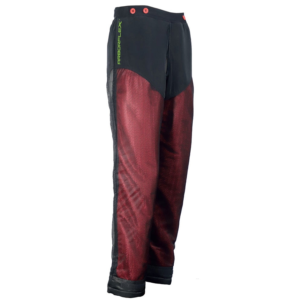 Arborflex Base A trousers in black and red with green lettering "ARBORFLEX" and red buttons on the waistband
