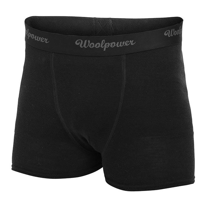 Boxer Lite by Woolpower, black boxer shorts with grey lettering on the waistband