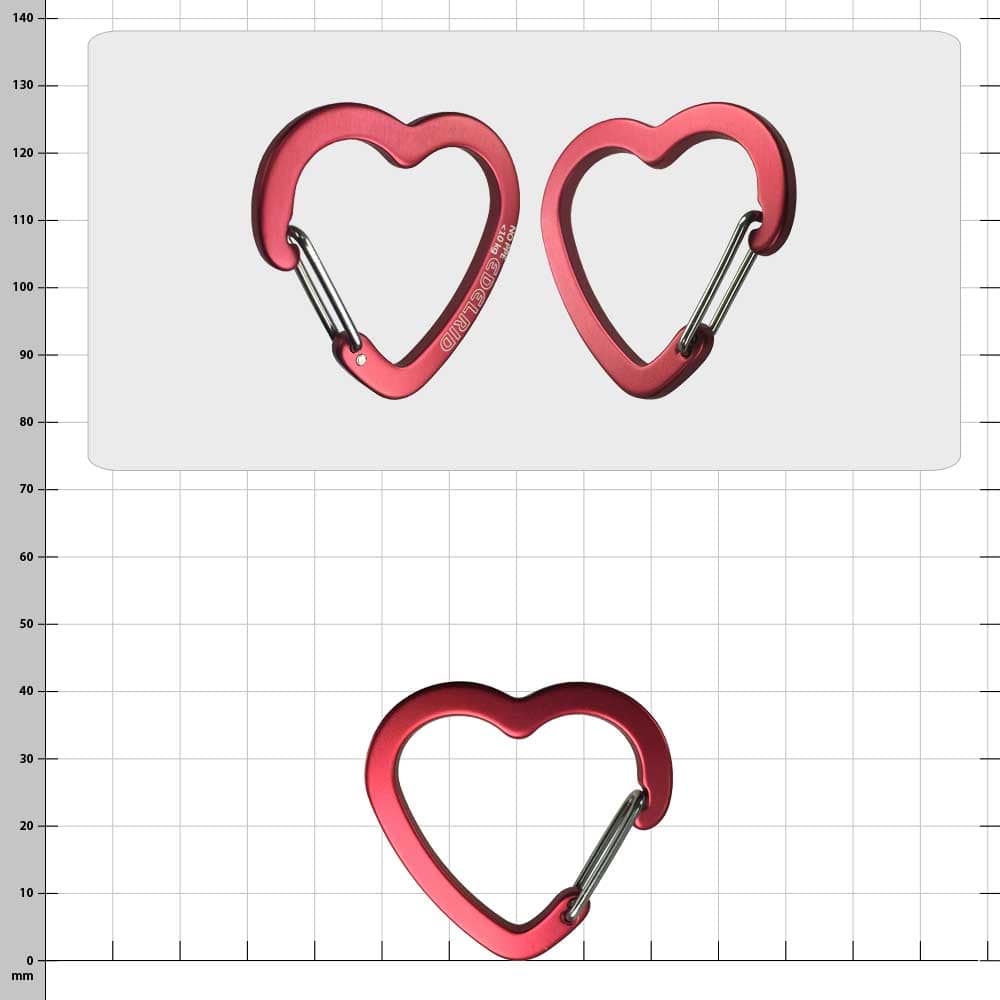 Corazon red carabiner in heart shape, manufacturer Edgelird, two pieces lying next to each other, one visible from the front, one from the back