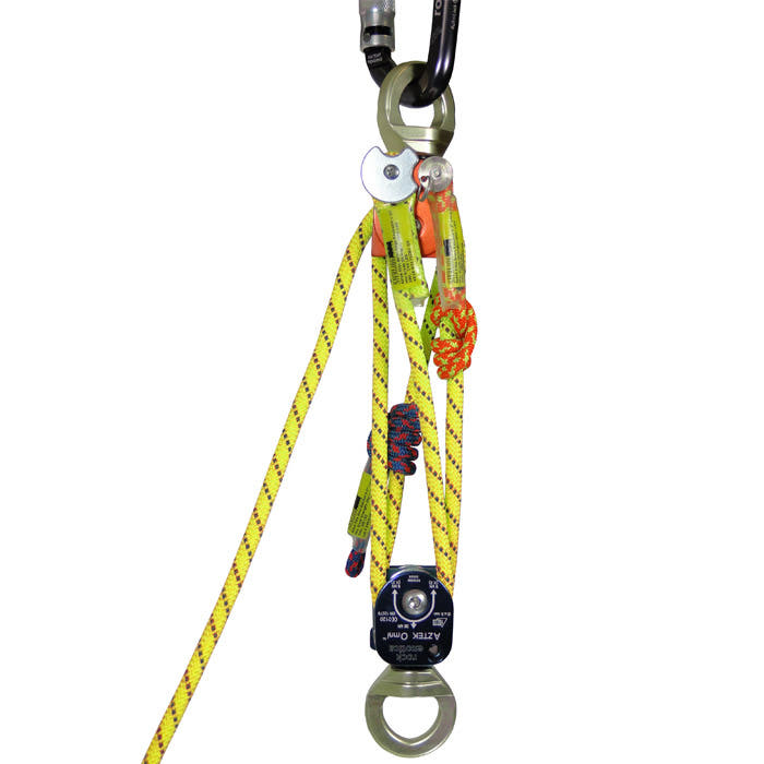 Aztek by Petzl, yellow and orange safety rope with metal carabiner and pulley