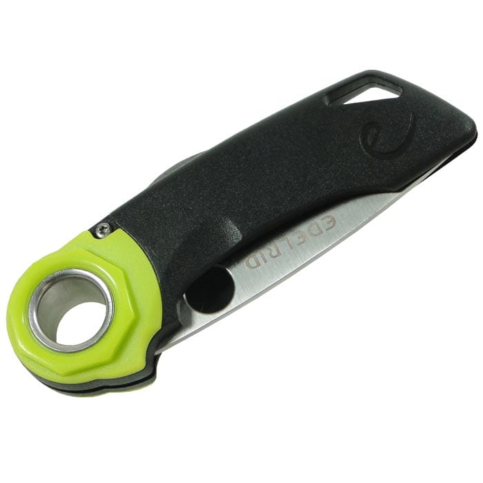 Ropetooth folding knife by Edelrid with black handle, green accent and partially folded silver blade, photographed from above