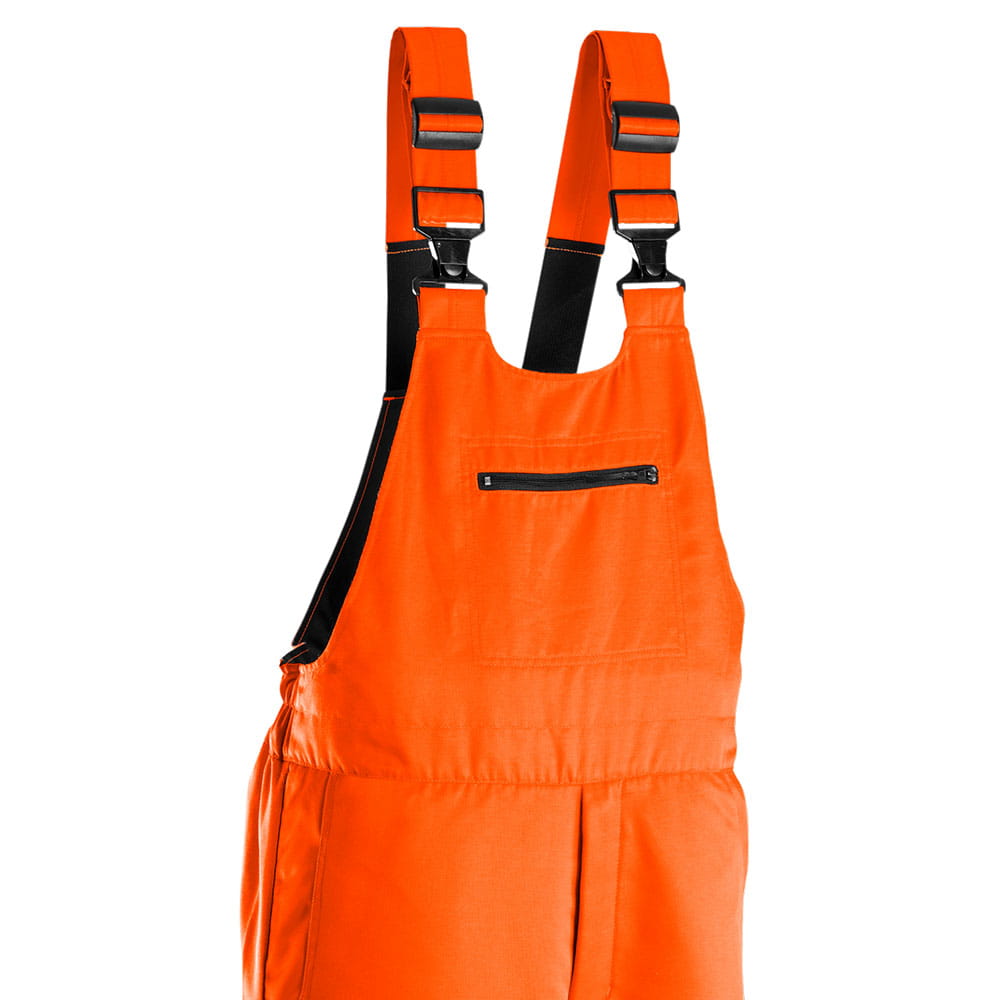 Classic dungarees Detail of the orange top with adjustable straps and a zippered pocket at the front
