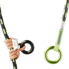 Close-up of knot on a black and yellow rope with black metal ring and green metal ring on the other end