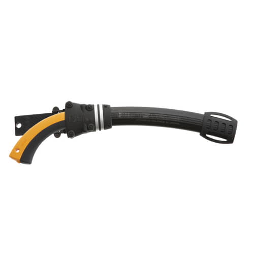 Tsurugi Curve 270-10 Hand Saw with Curved Blade and Yellow-Black Handle Stuck in Black Plastic Sheath