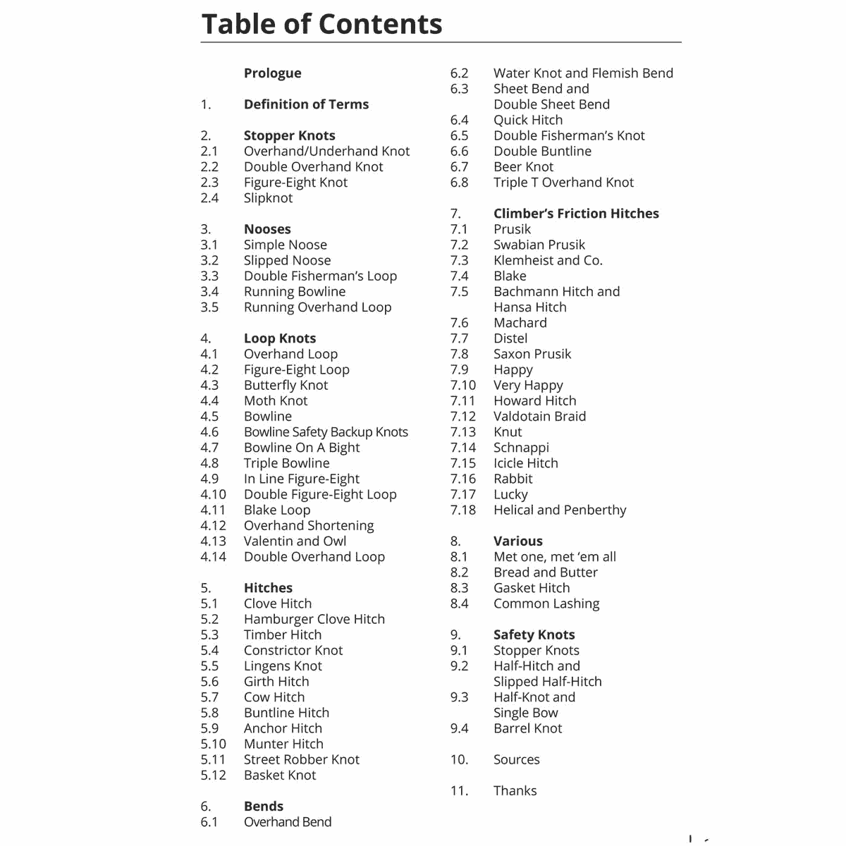 Black and white table of contents page from the Tree Climber's Knotbook with chapters and subchapters on different knot types and techniques