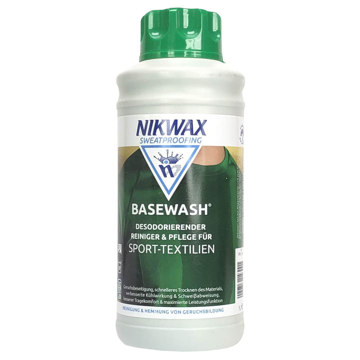 Nikwax Basewash bottle with green lid, white body and green label that says "Deodorising Cleaner & Care for Sports Textiles"